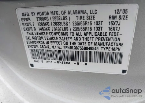 2006 Honda Odyssey Ex-L from USA, damaged, VIN 5FNRL38756B049545